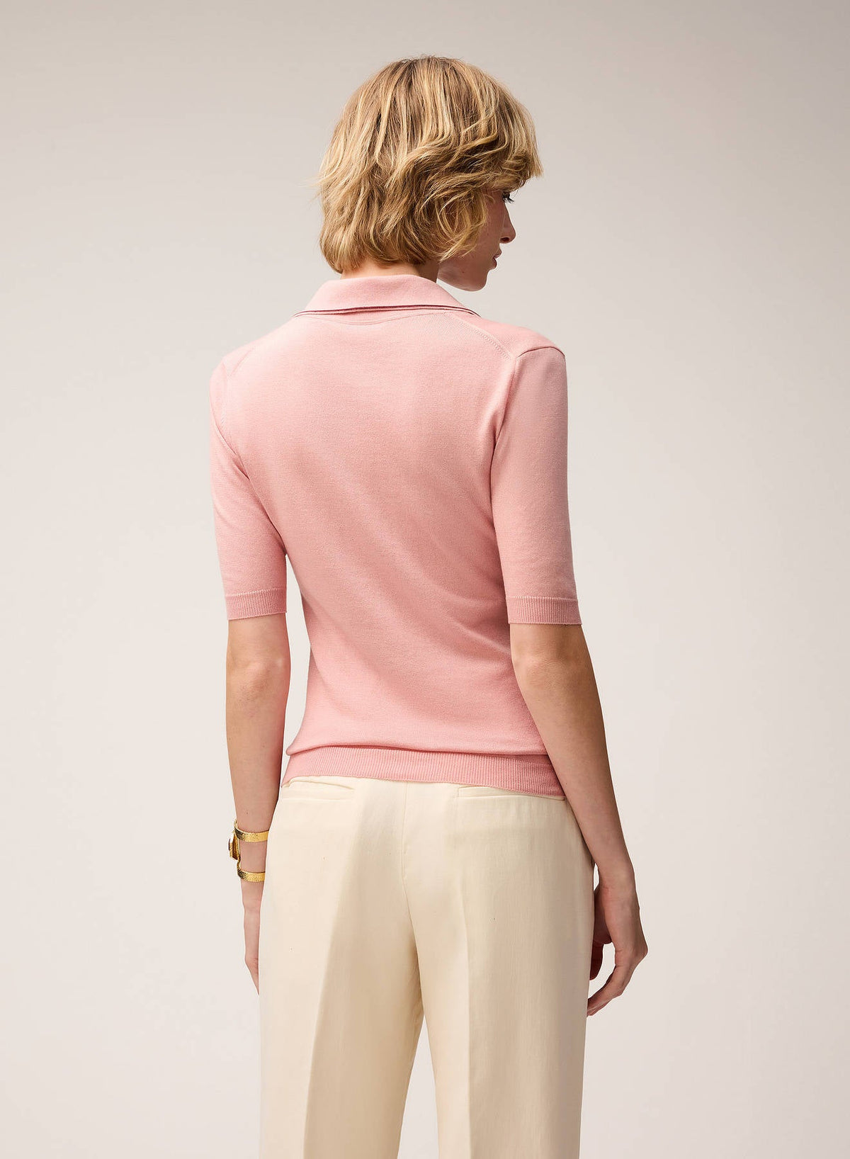PINK ROSE JERSEY STITCH KNIT POLO WITH CONTRASTING STRIPE DETAIL