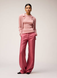 PINK ROSE LIGHT CASHMERE RIBBED KNIT T-SHIRT WITH CROCHET DETAIL