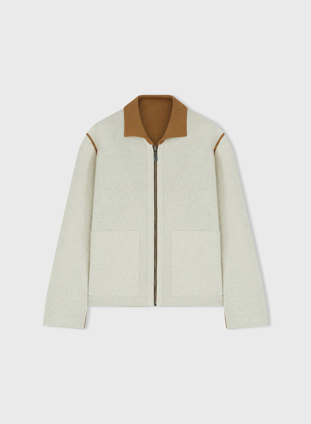 CAMEL AND NATURAL BICOLOR REVERSIBLE ZIP FRONT OUTERWEAR WITH SHIRT COLLAR