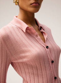 PINK ROSE LIGHT CASHMERE RIBBED KNIT CARDIGAN WITH CROCHET DETAIL