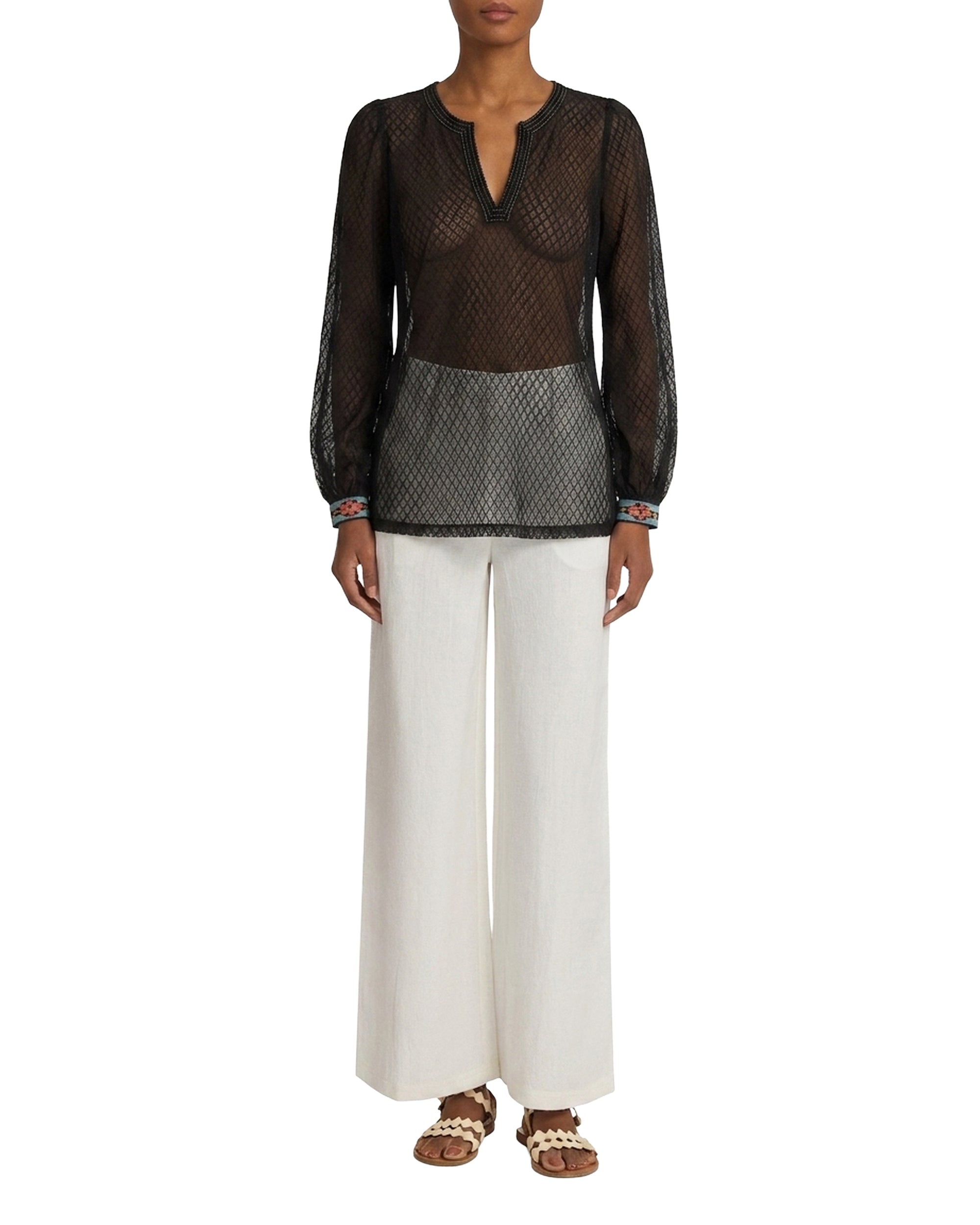 Blouse à col V en tulle - Black