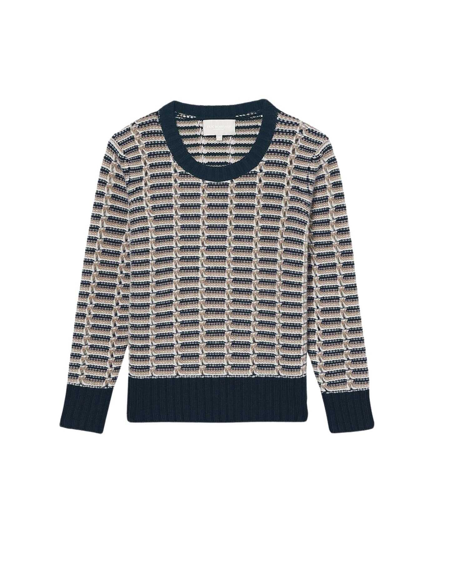Pull ras de cou ajouré en cachemire et laine - Marine & Camel & Naturel