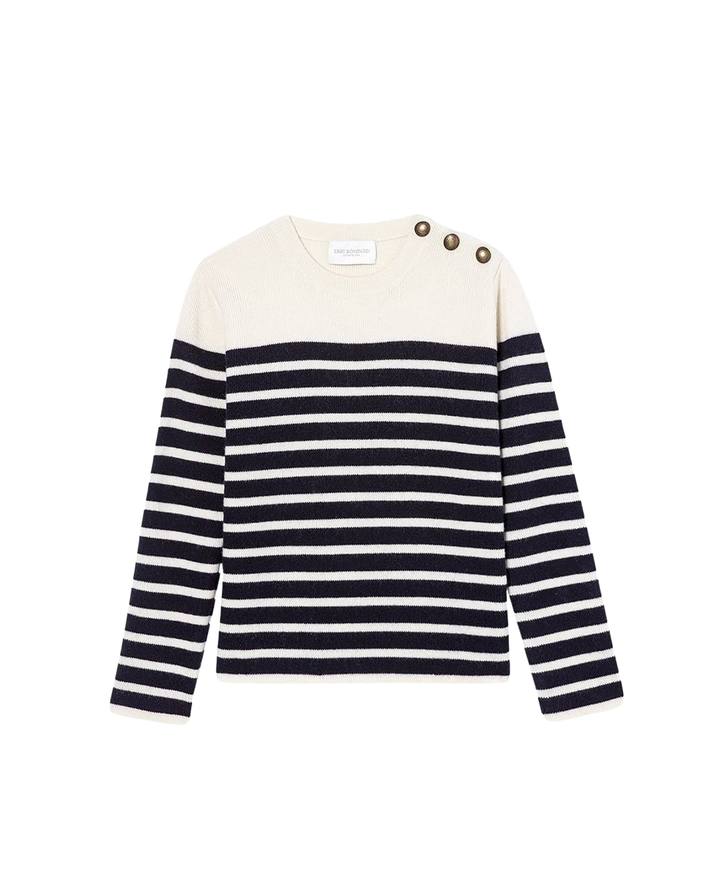 Striped cashmere jumper with a round neck and button placket - Natural & Navy
