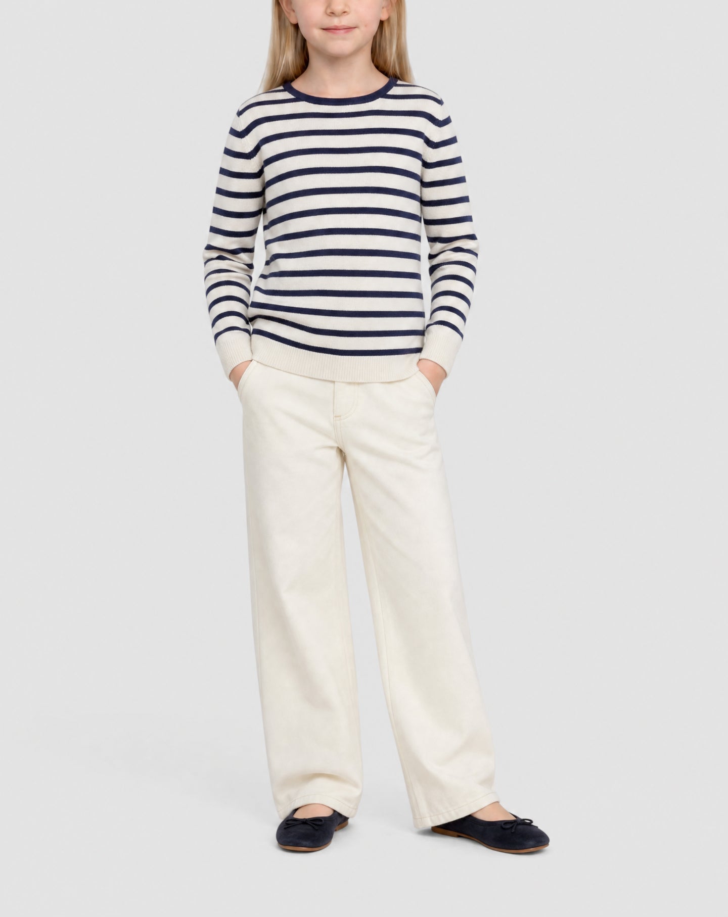 Two-tone cotton crew-neck sailor-style jumper - Natural & Navy