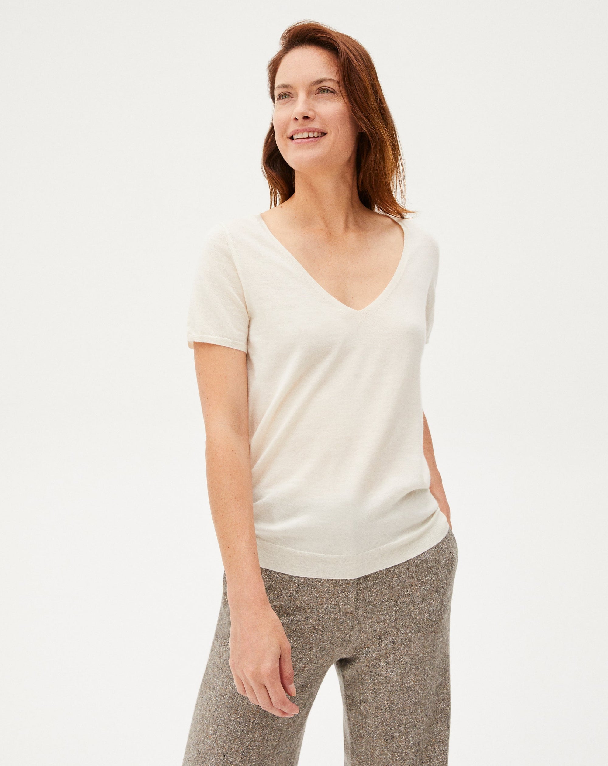 RECO70Pull V Manches Courtes Ultrafin Contemporain - Naturel