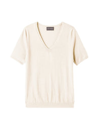 Ultra-fine short-sleeved V-neck cashmere jumper - Natural