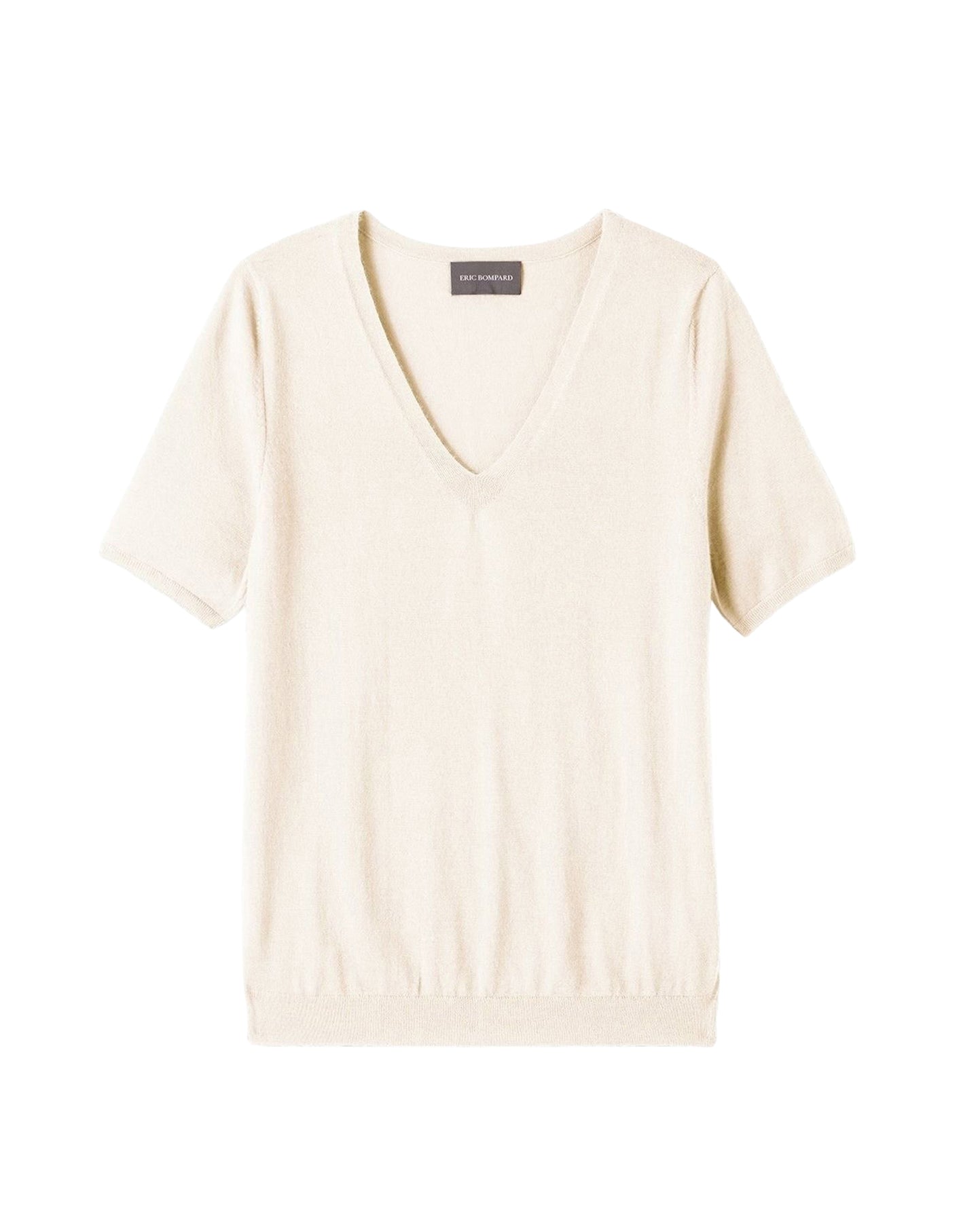Ultra-fine short-sleeved V-neck cashmere jumper - Natural