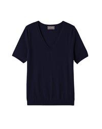 Ultra-fine short-sleeved V-neck cashmere jumper - Navy