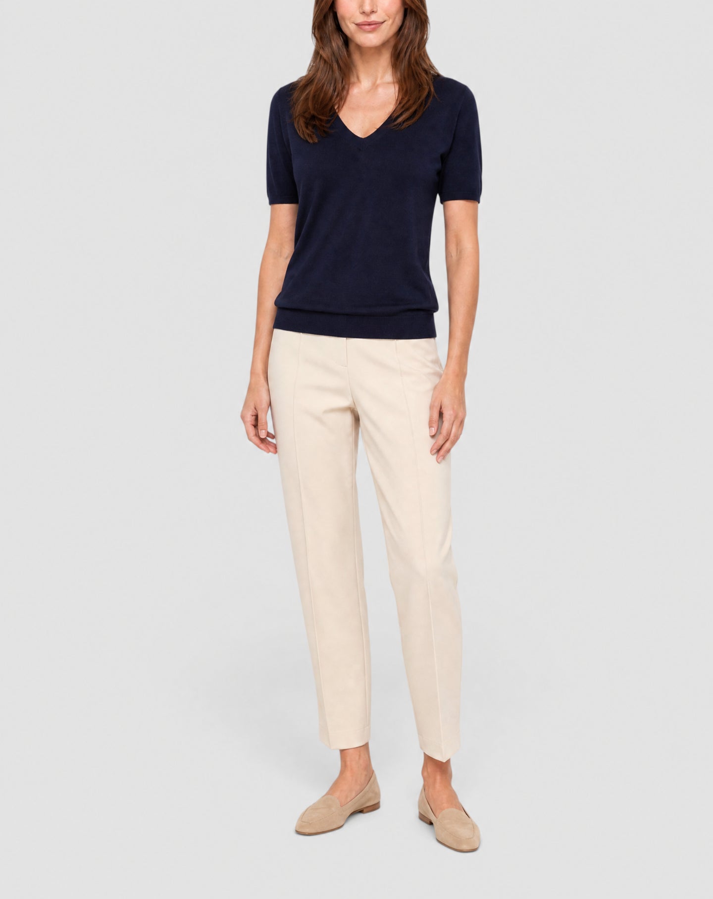 Ultra-fine short-sleeved V-neck cashmere jumper - Navy
