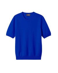 Pull col rond à manches courtes en cachemire -  Bleu Delphinium