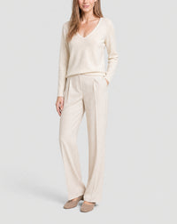 Fitted V-neck jumper in cashmere with a pointelle pattern - Natural