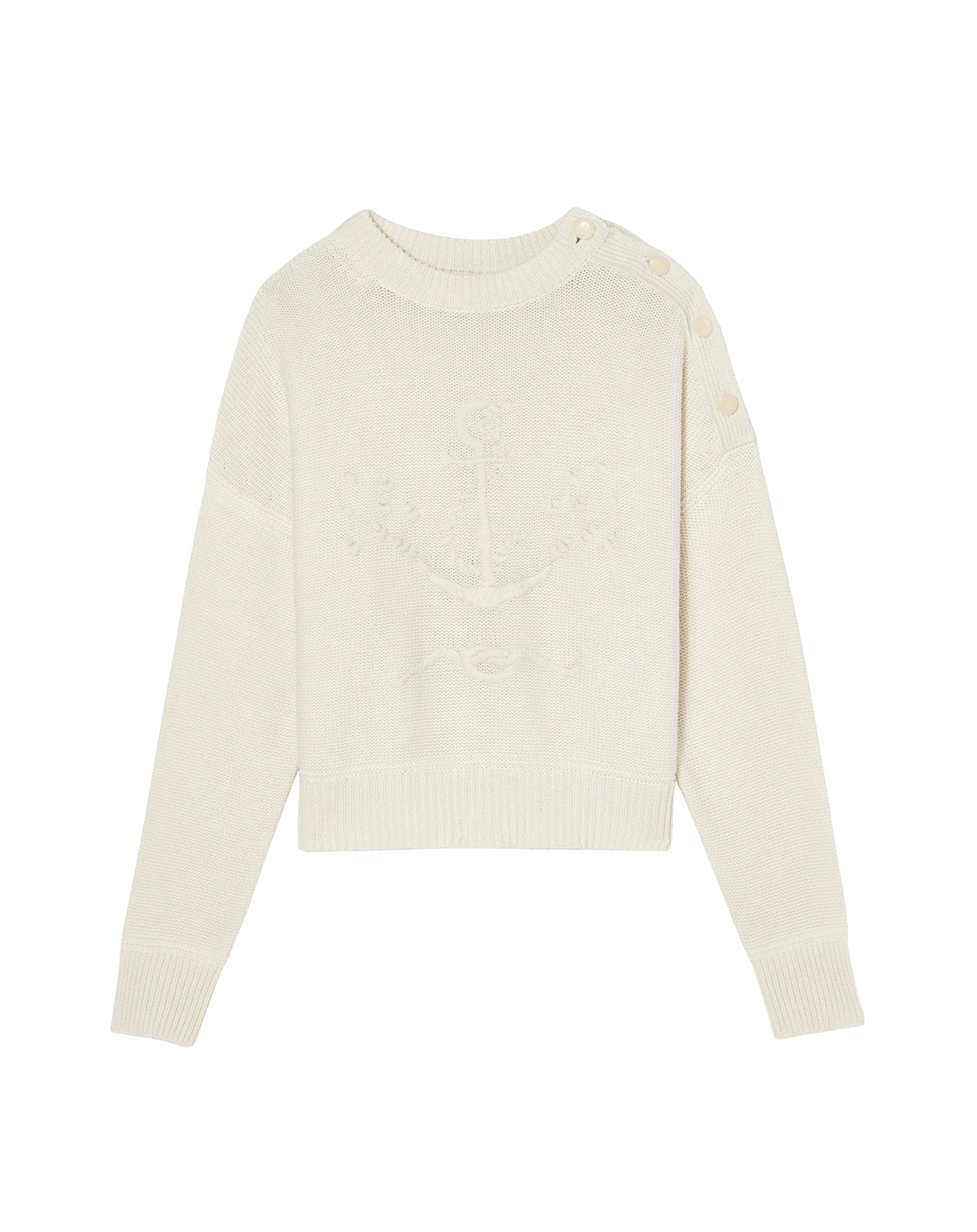 Pull col rond ancre brodée main en coton -  Naturel