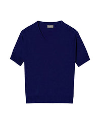 Oversized short-sleeved V-neck cashmere jumper - Navy