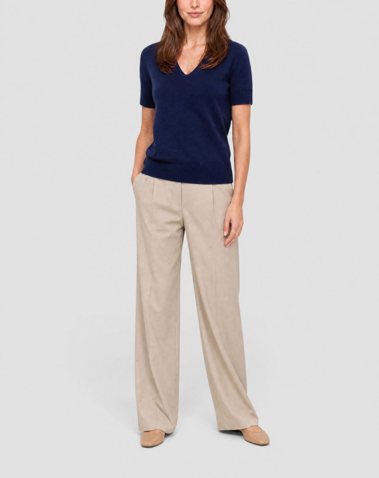 Oversized short-sleeved V-neck cashmere jumper - Navy