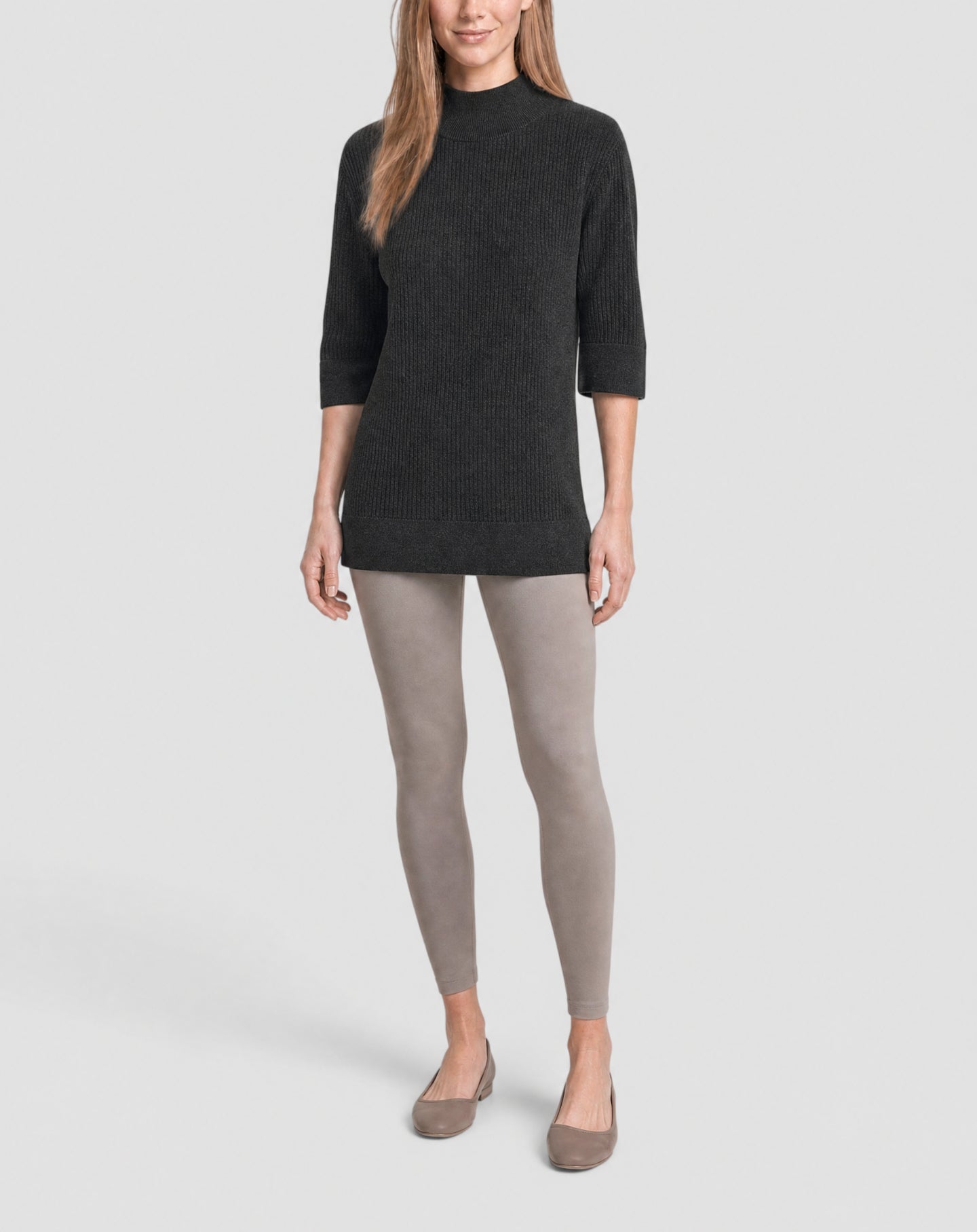 Short-sleeved, ribbed cashmere jumper with a high neck - Anthracite