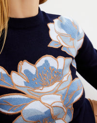 Pull col rond intarsia fleur brodée en cachemire -  Marine