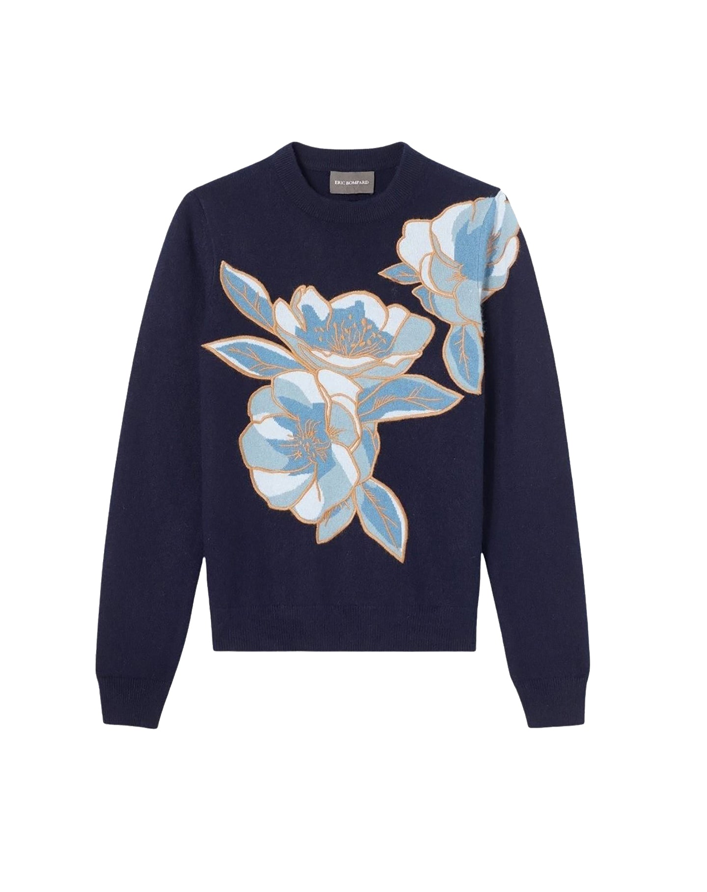 Pull col rond intarsia fleur brodée en cachemire -  Marine