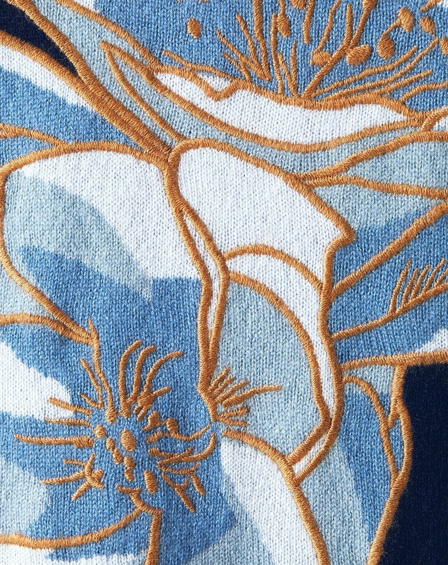 Pull col rond intarsia fleur brodée en cachemire -  Marine