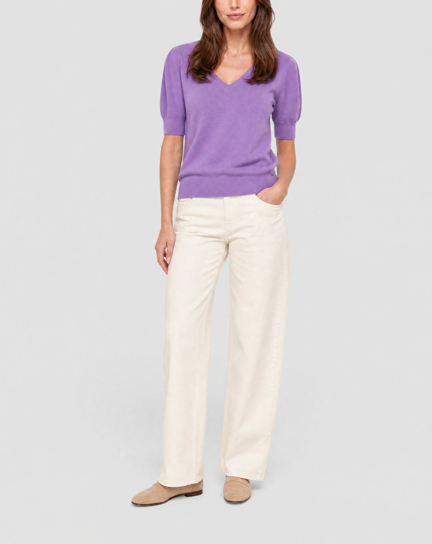 Ultra-fine V-neck jumper with balloon sleeves in cashmere - Artichaut