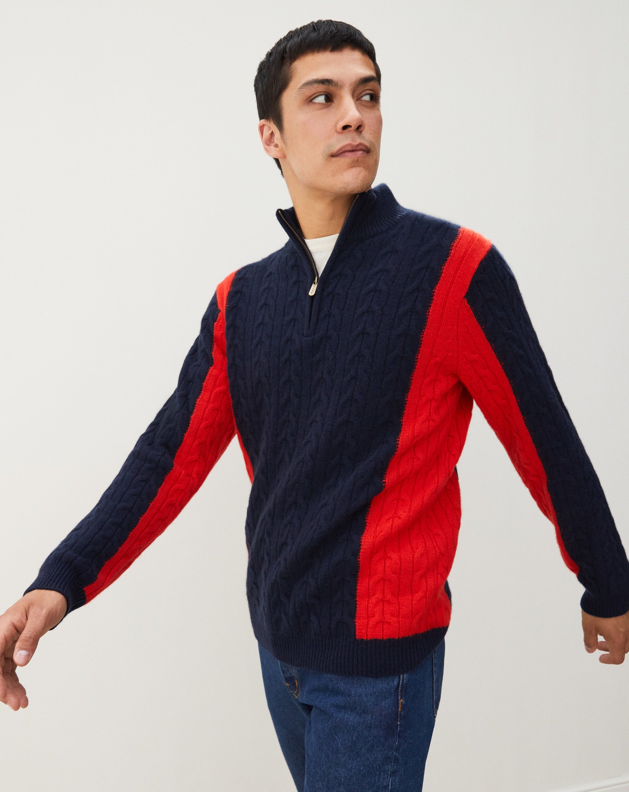 RECO140Pull Camionneur Torsades Color Block - Marine/Cinabre