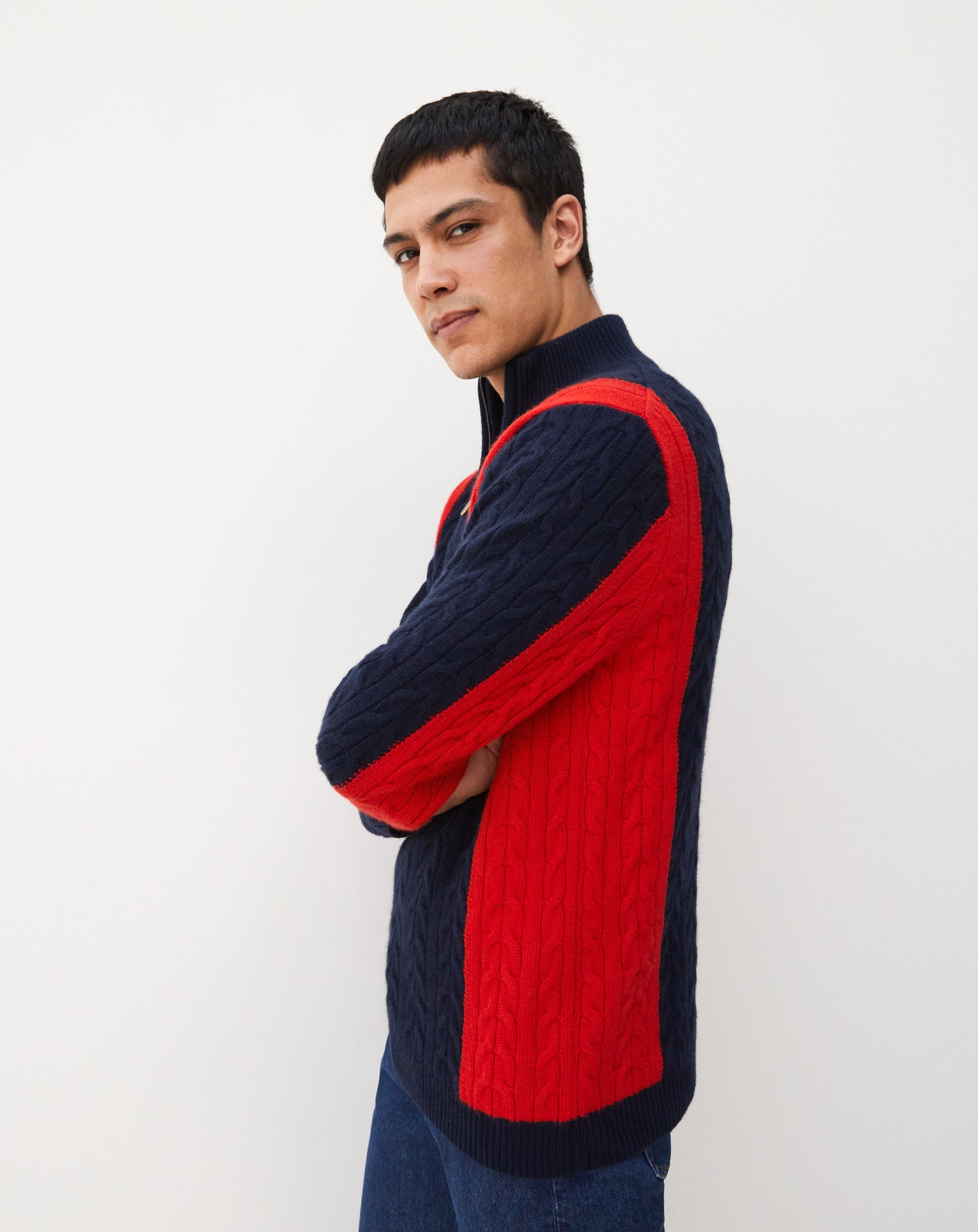 RECO140Pull Camionneur Torsades Color Block - Marine/Cinabre