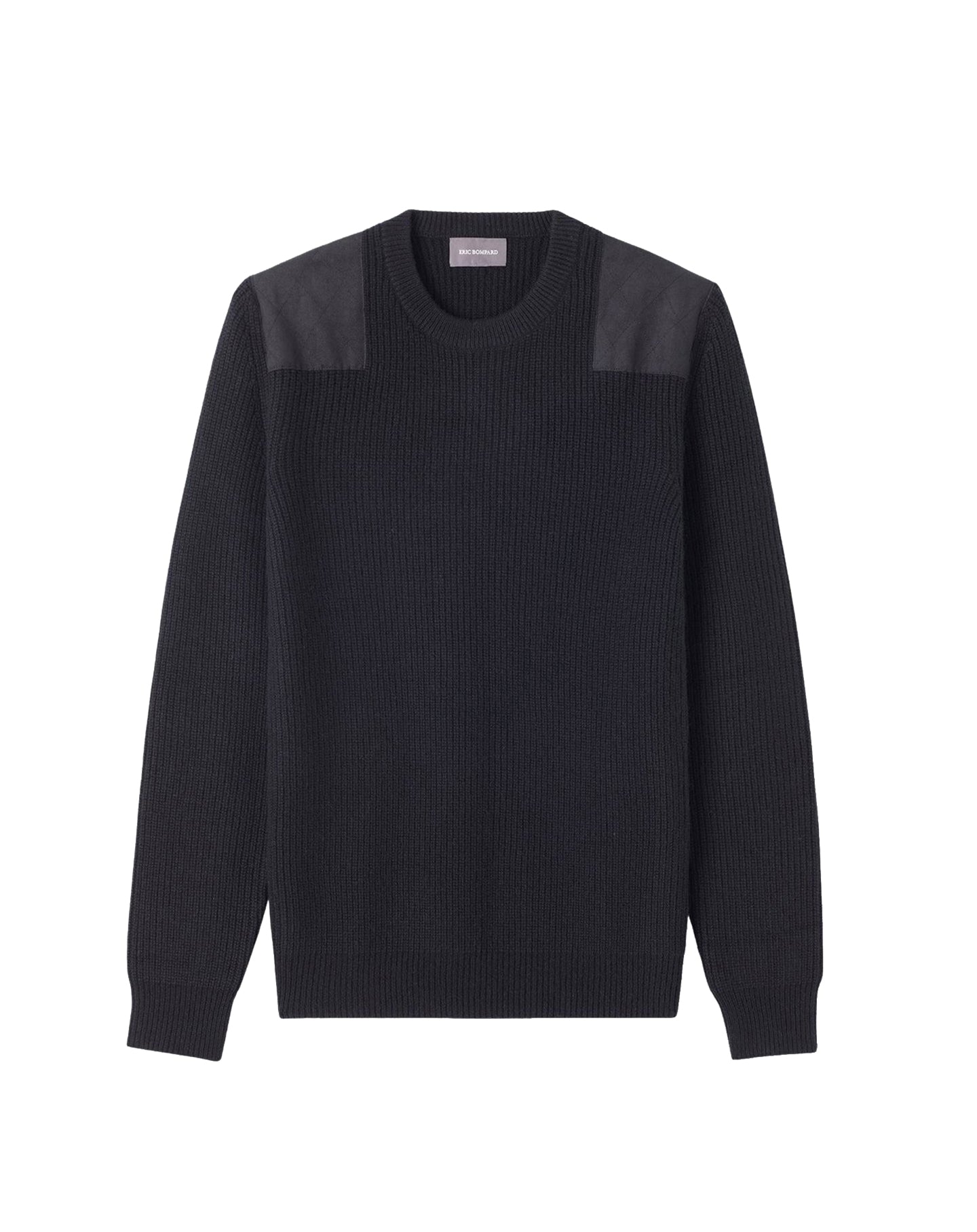 Round-neck cashmere jumper with pearl-ribbed knit and suede patch - Black