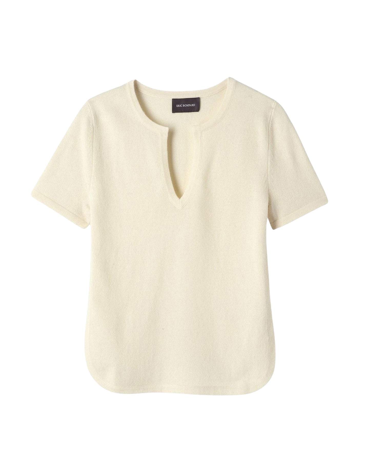 Fitted short-sleeved cashmere jumper with a Tunisian neckline - Natural