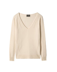 Loose-fitting V-neck jumper with a guipure-style pattern in cashmere - Cream