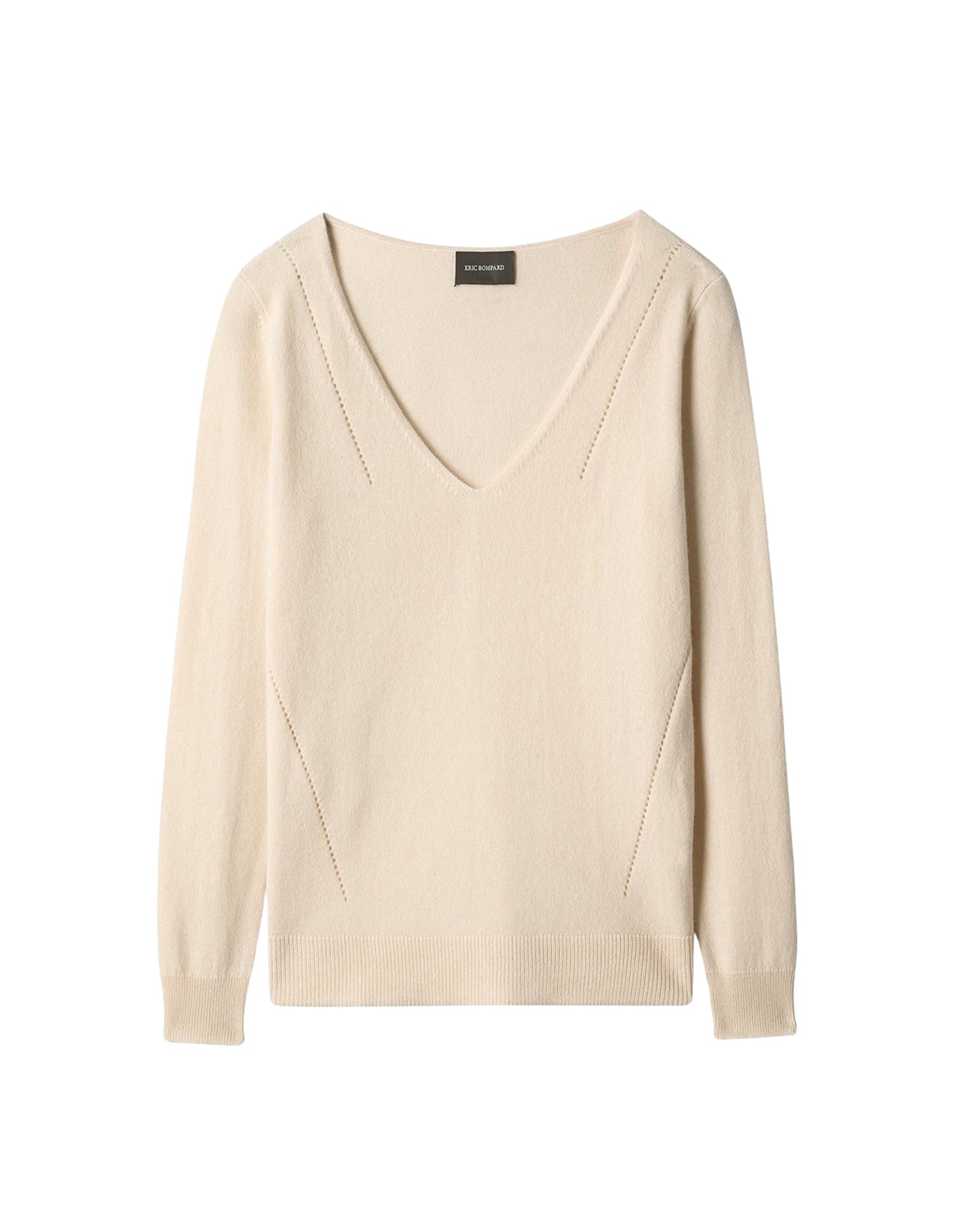 Loose-fitting V-neck jumper with a guipure-style pattern in cashmere - Cream