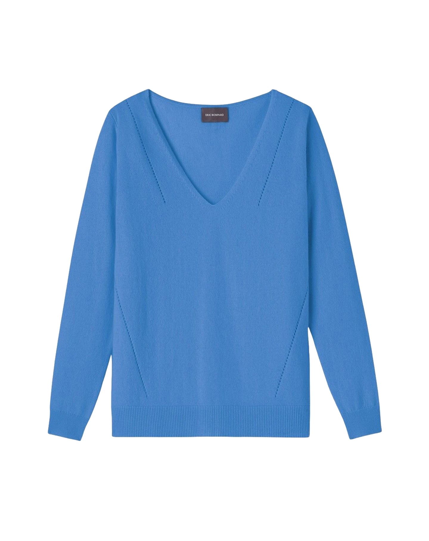 Pull col V ample à lignes pointelle en cachemire -  Bleu Kinetic