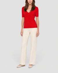 Ultra-fine short-sleeved V-neck cashmere jumper - Rouge Gorge