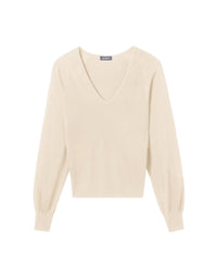 Ultra-fine V-neck jumper with Victorian sleeves in cashmere - Cream