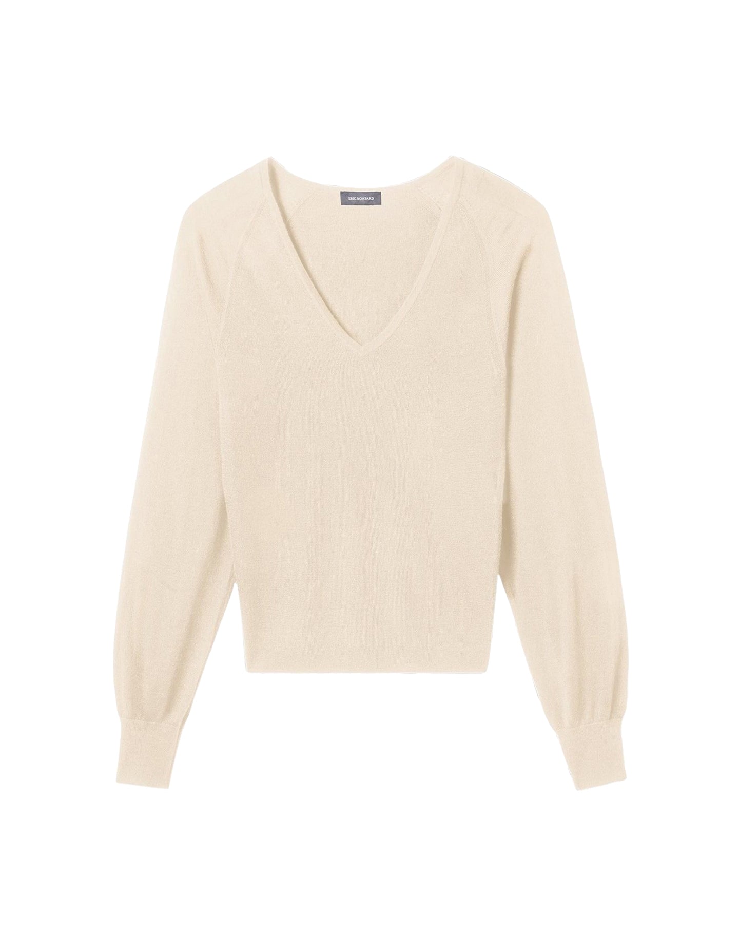 Ultra-fine V-neck jumper with Victorian sleeves in cashmere - Cream