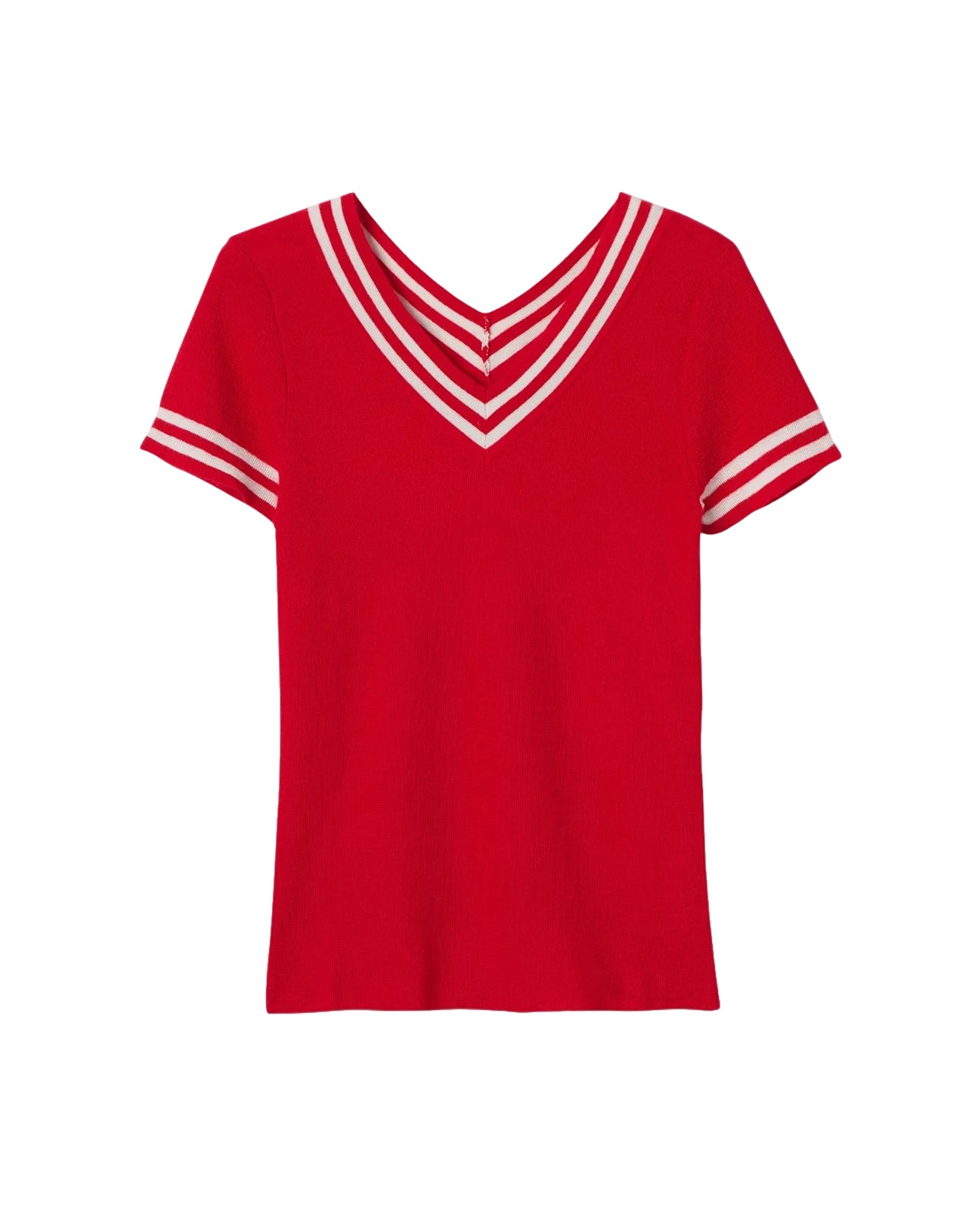 Ultra-fine V-neck jumper with striped detailing in cashmere - Rouge Gorge & Natural