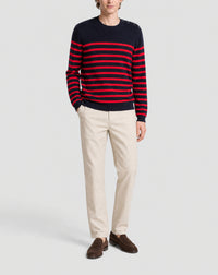 Cotton ribbed crew-neck sailor-style jumper - Navy & Rouge Gorge