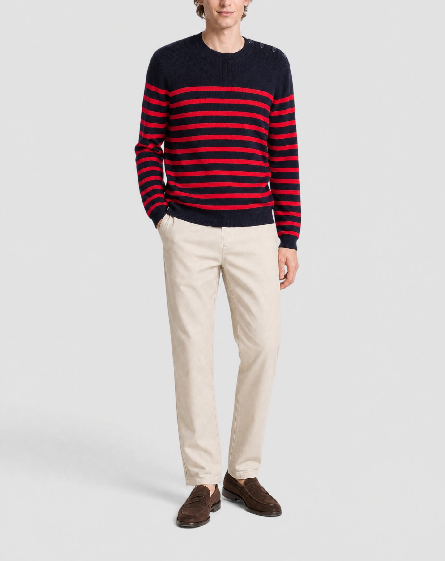 Cotton ribbed crew-neck sailor-style jumper - Navy & Rouge Gorge