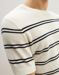 Short-sleeved, round-necked striped cotton jumper - Natural & Navy