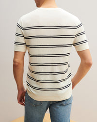 Short-sleeved, round-necked striped cotton jumper - Natural & Navy