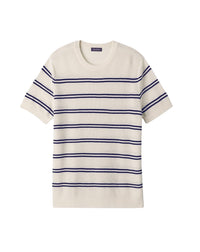 Short-sleeved, round-necked striped cotton jumper - Natural & Navy