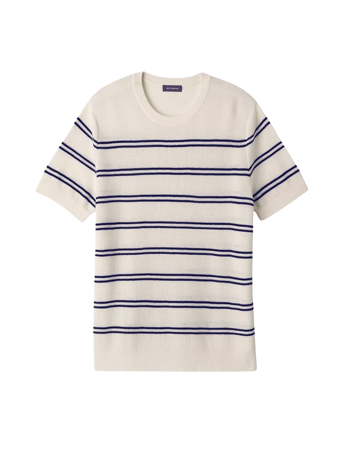 Short-sleeved, round-necked striped cotton jumper - Natural & Navy