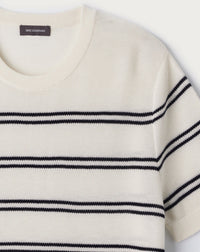 Short-sleeved, round-necked striped cotton jumper - Natural & Navy