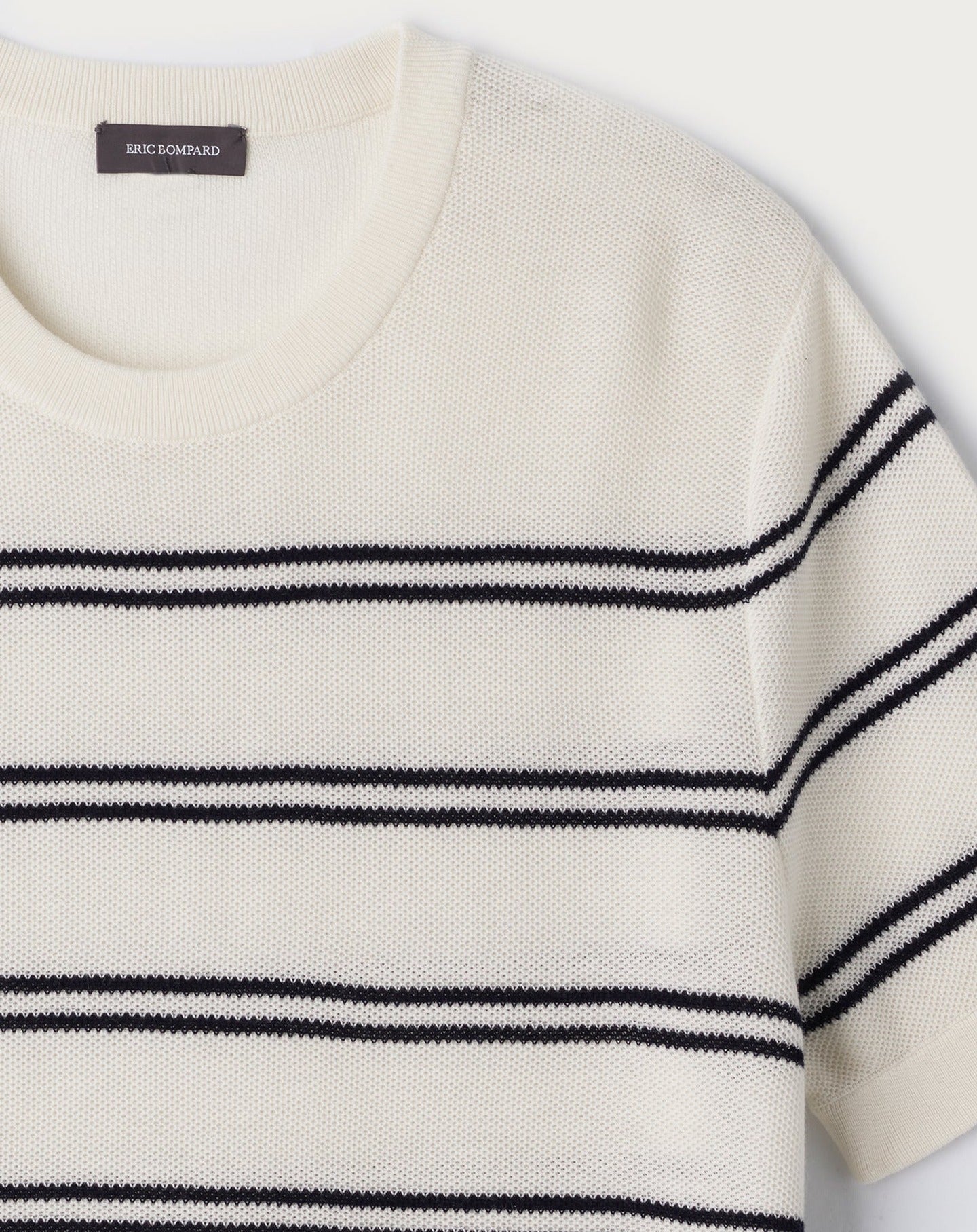 Short-sleeved, round-necked striped cotton jumper - Natural & Navy