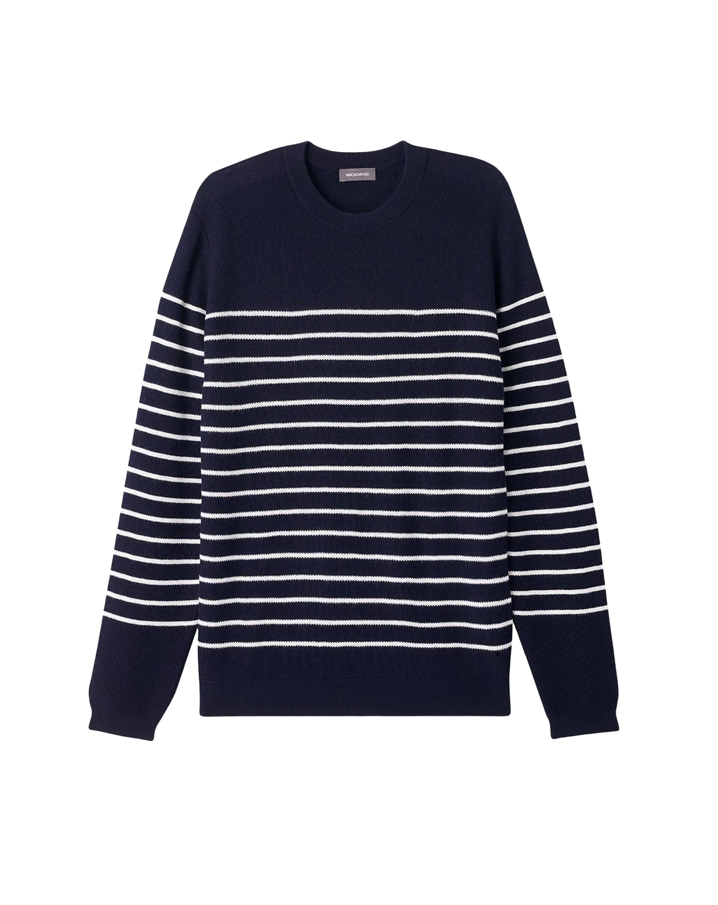 Ultra-fine piqué cotton jumper with a round neck and double stripes - Navy & Natural