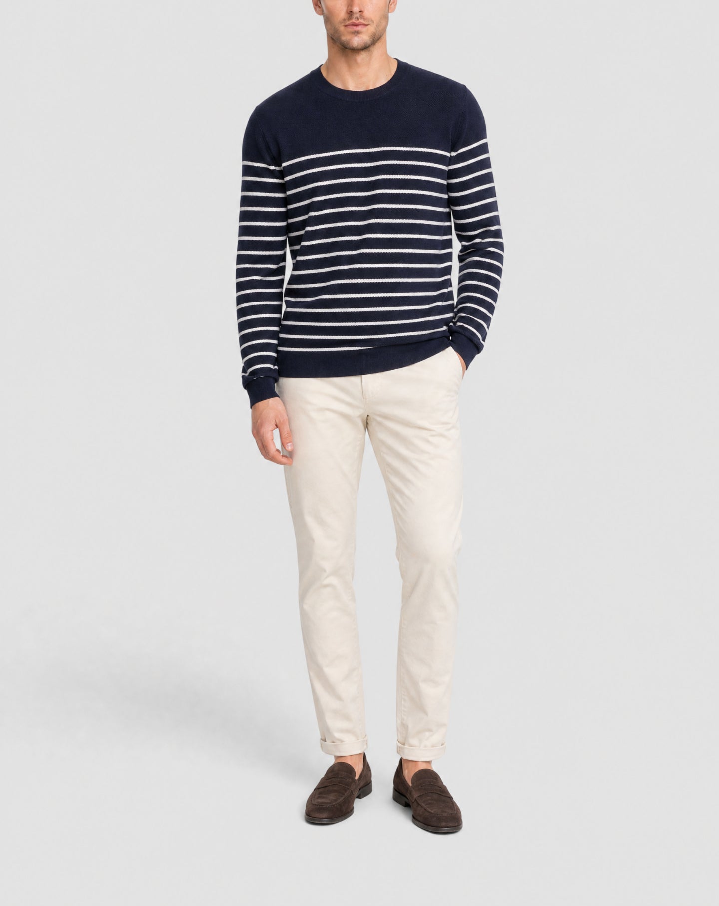 Ultra-fine piqué cotton jumper with a round neck and double stripes - Navy & Natural