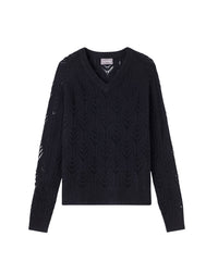 Loose-fitting V-neck cashmere jumper with cable knit and lace detail - Black