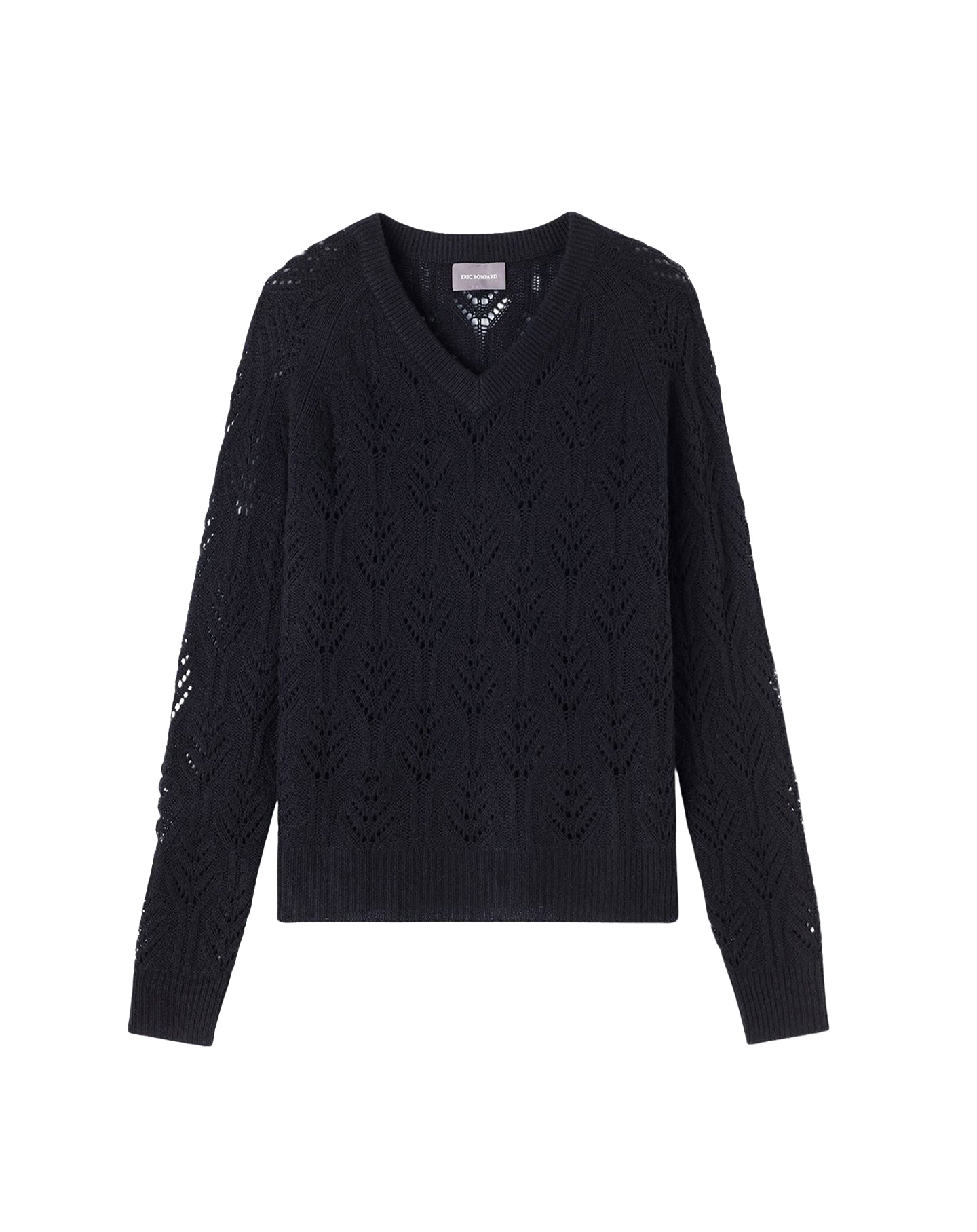 Loose-fitting V-neck cashmere jumper with cable knit and lace detail - Black