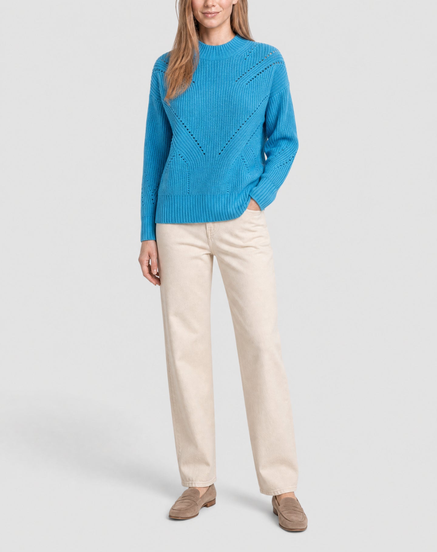 Pull col rond ample pointelle en cachemire -  Bleu Caldero