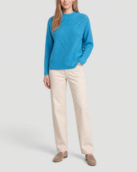 Pull col rond ample pointelle en cachemire -  Bleu Caldero