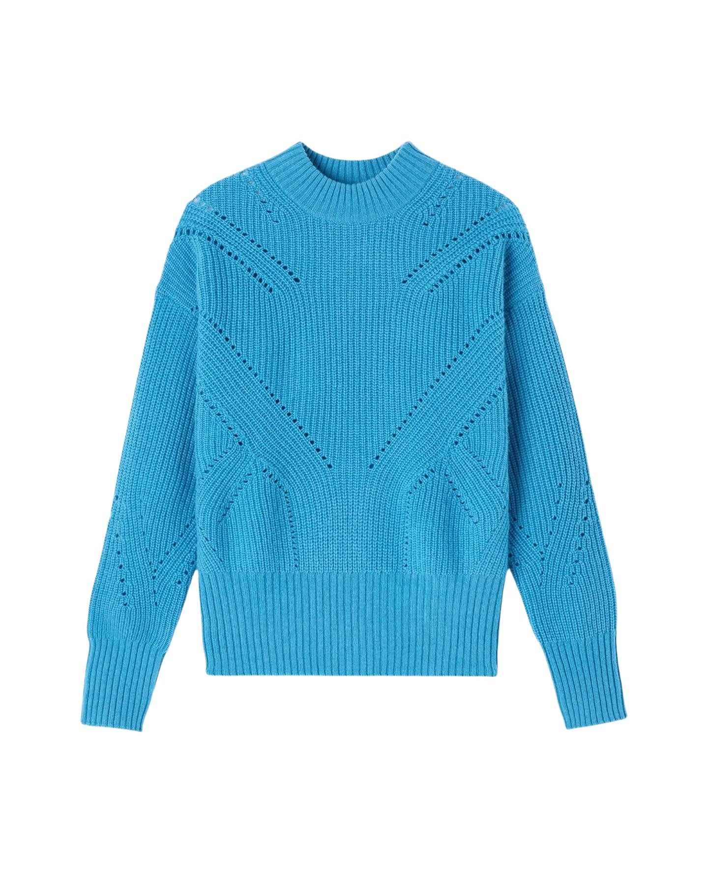 Pull col rond ample pointelle en cachemire -  Bleu Caldero
