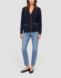 Loose-fitting cardigan with contrasting trim and cashmere pockets - Navy